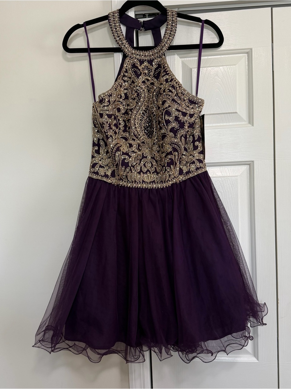 Blondie Purple Gold Trimmed Halter Neck Cocktail Homecoming Dress NWT Size 11